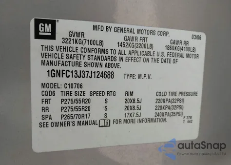 2007 Chevrolet Tahoe Lt из США, поврежденный, VIN 1GNFC13J37J124688